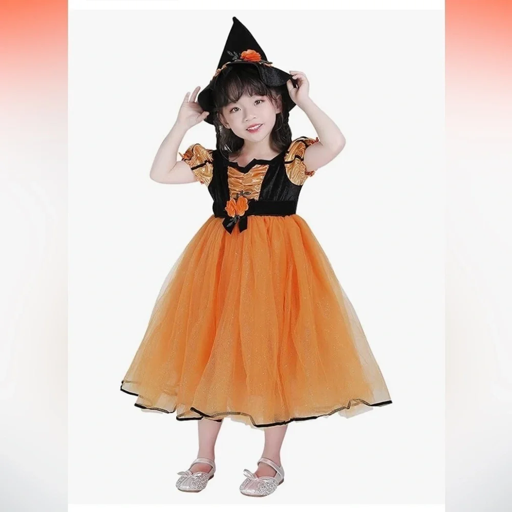 NWT Orange Fancy Fairytale Witch Costume 2T-4T Dress & Hat  Halloween Cosplay